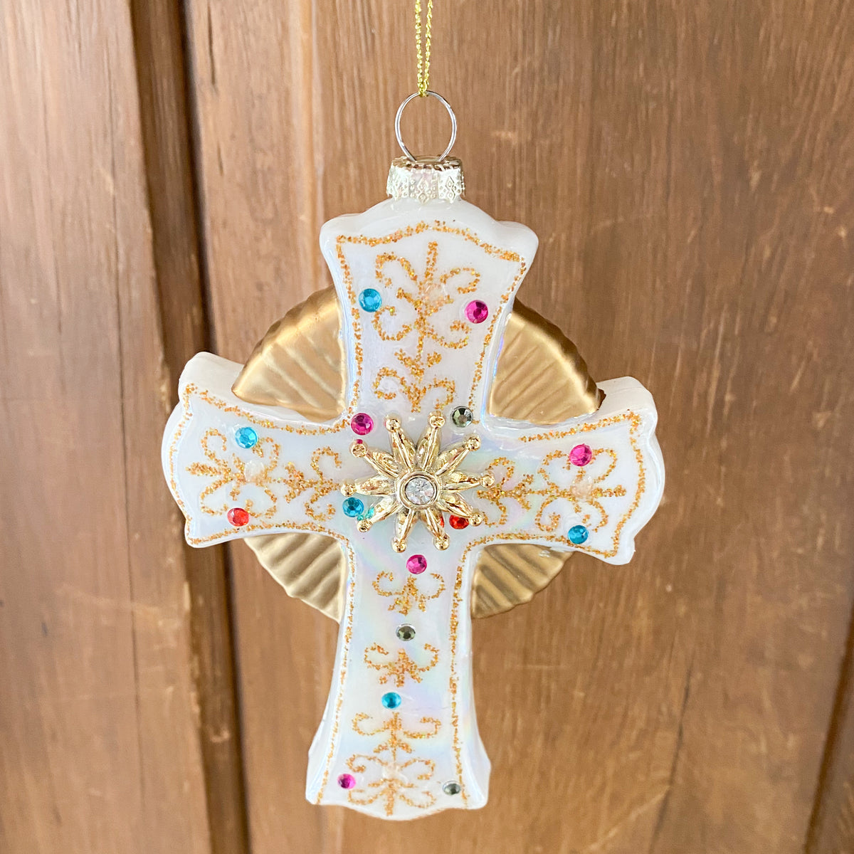 Ornament White Cross with Gold Accents & Color Gems