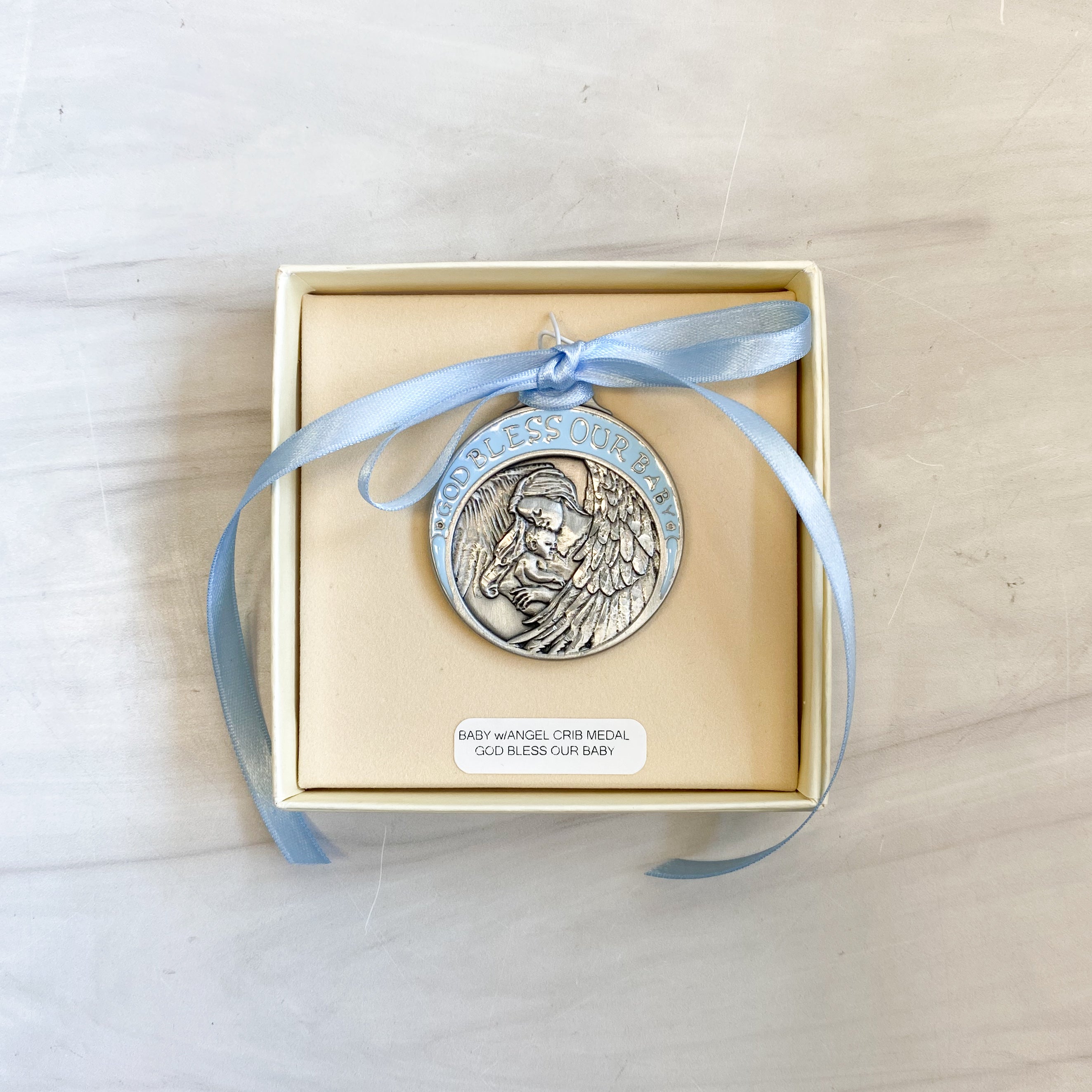 Blue Pewter Baby in Manger Crib Medal