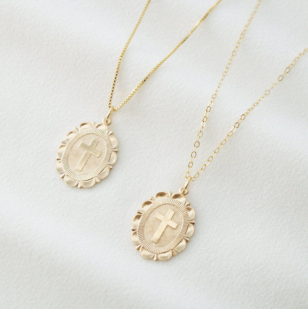 Cross Coin Medallion Necklace (Monet) in 14K Gold Fill