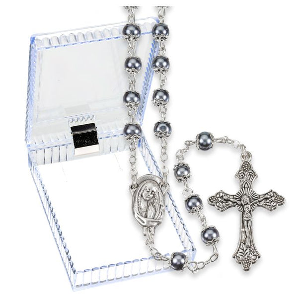 5mm Hematite Imitation Pearl Glass Bead Rosary, Boxed