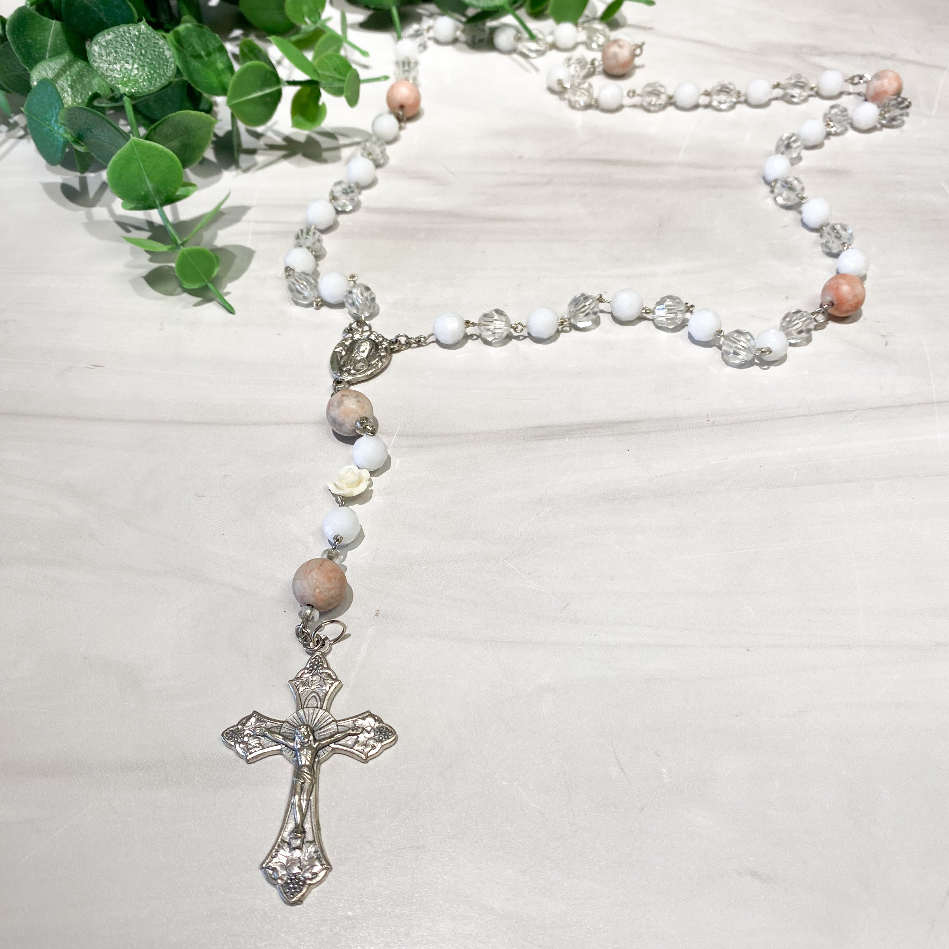 Pink, White & Crystal Vintage Marian Rosary