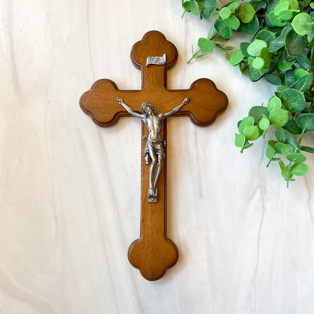 10" Budded Walnut Wood Cross with a Fine Pewter Cross