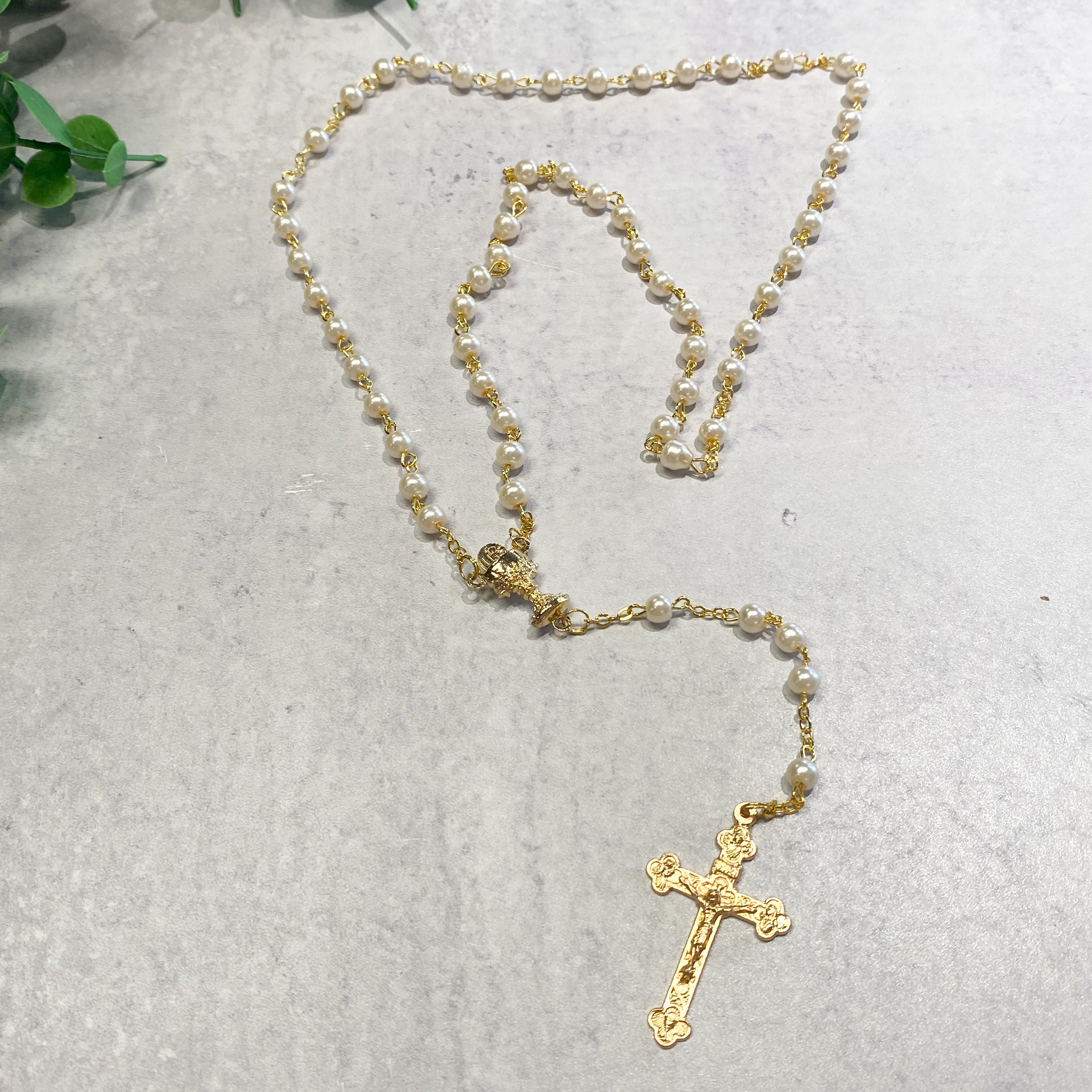 White Pearl Bead Gold Rosary Boxed