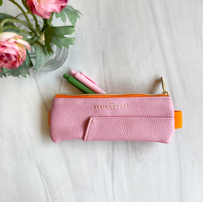 Vegan Leather Pen Pouch - Pink and Orange