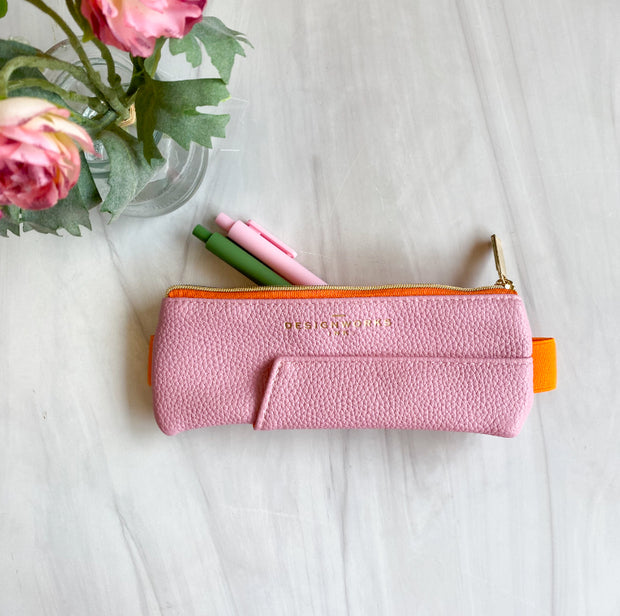 Vegan Leather Pen Pouch - Pink and Orange