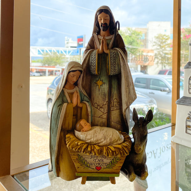 10.5"H HOLY FAMILY W/DONKEY WOODGRAIN LOOK