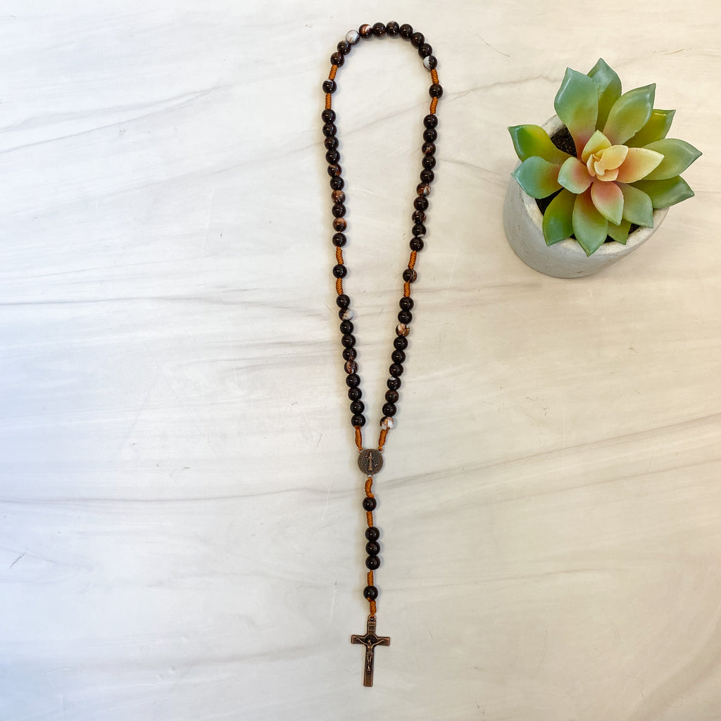 Marbleized Brown Bead Rosary with St. Benedict Crucifix