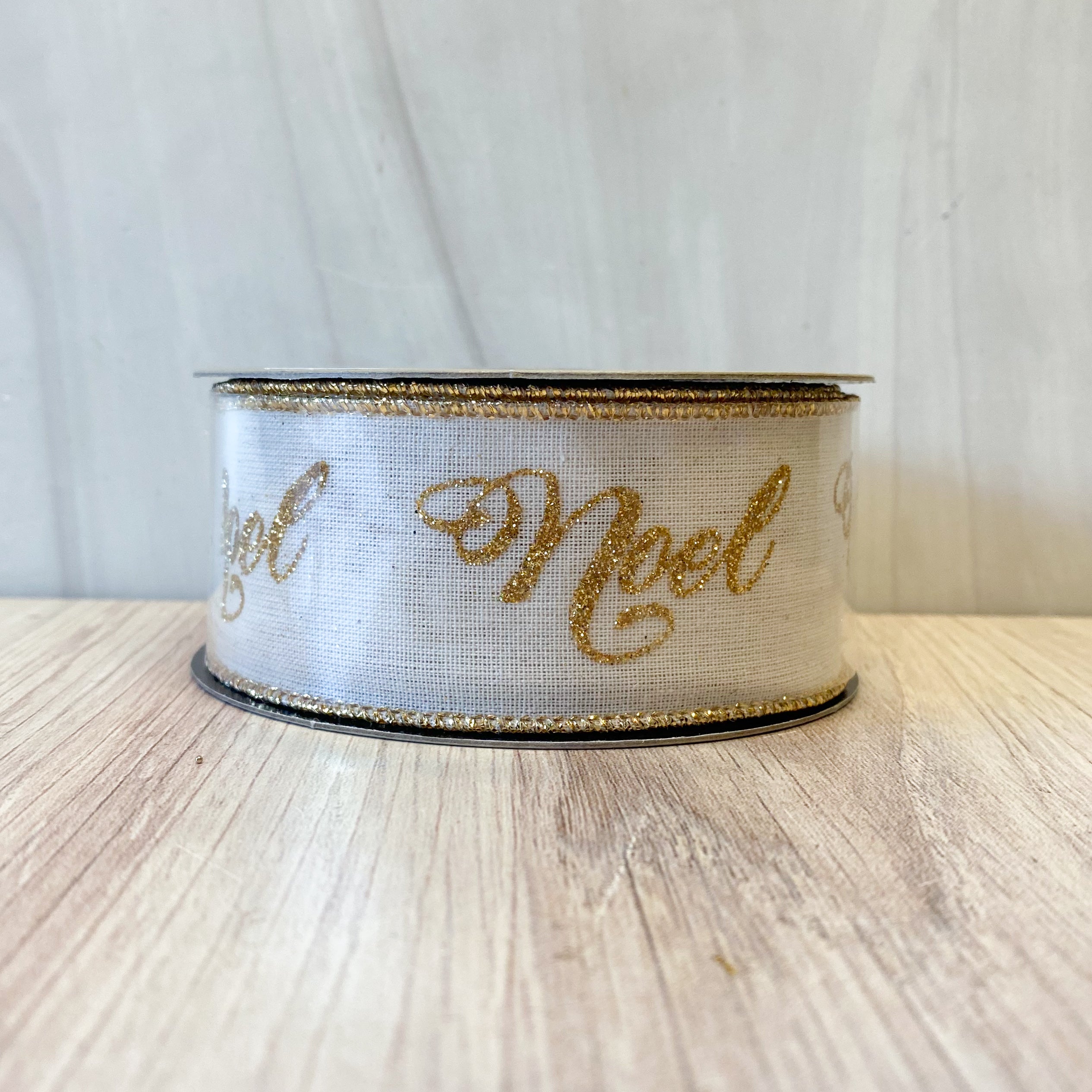 1.5"x10yds Cotton Linen Gold Glitter Noel, Ivory