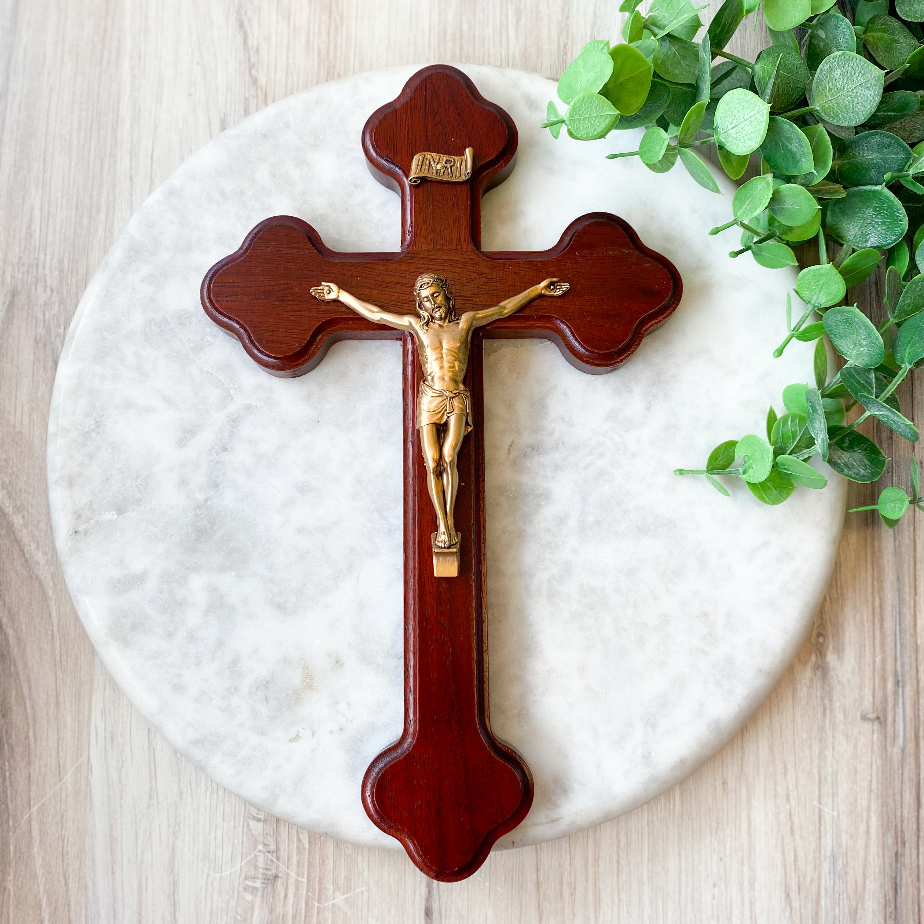 10" Dark Cherry Wood Cross with Museum Gold Tone Corpus