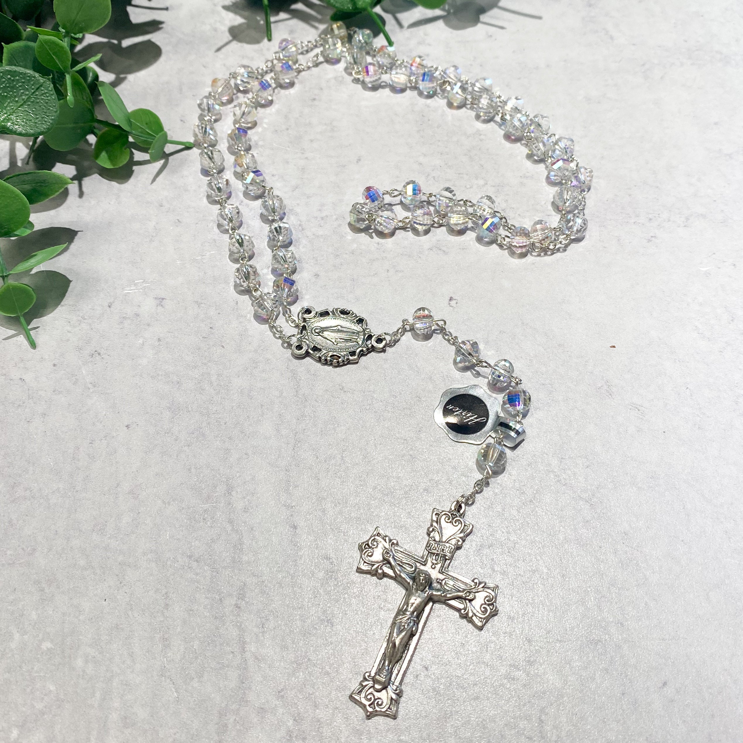 8mm Deluxe Faceted Aurora Crystal Rosary Beads with Silver Oxidized Center and Crucifix in Gray Velvet Box