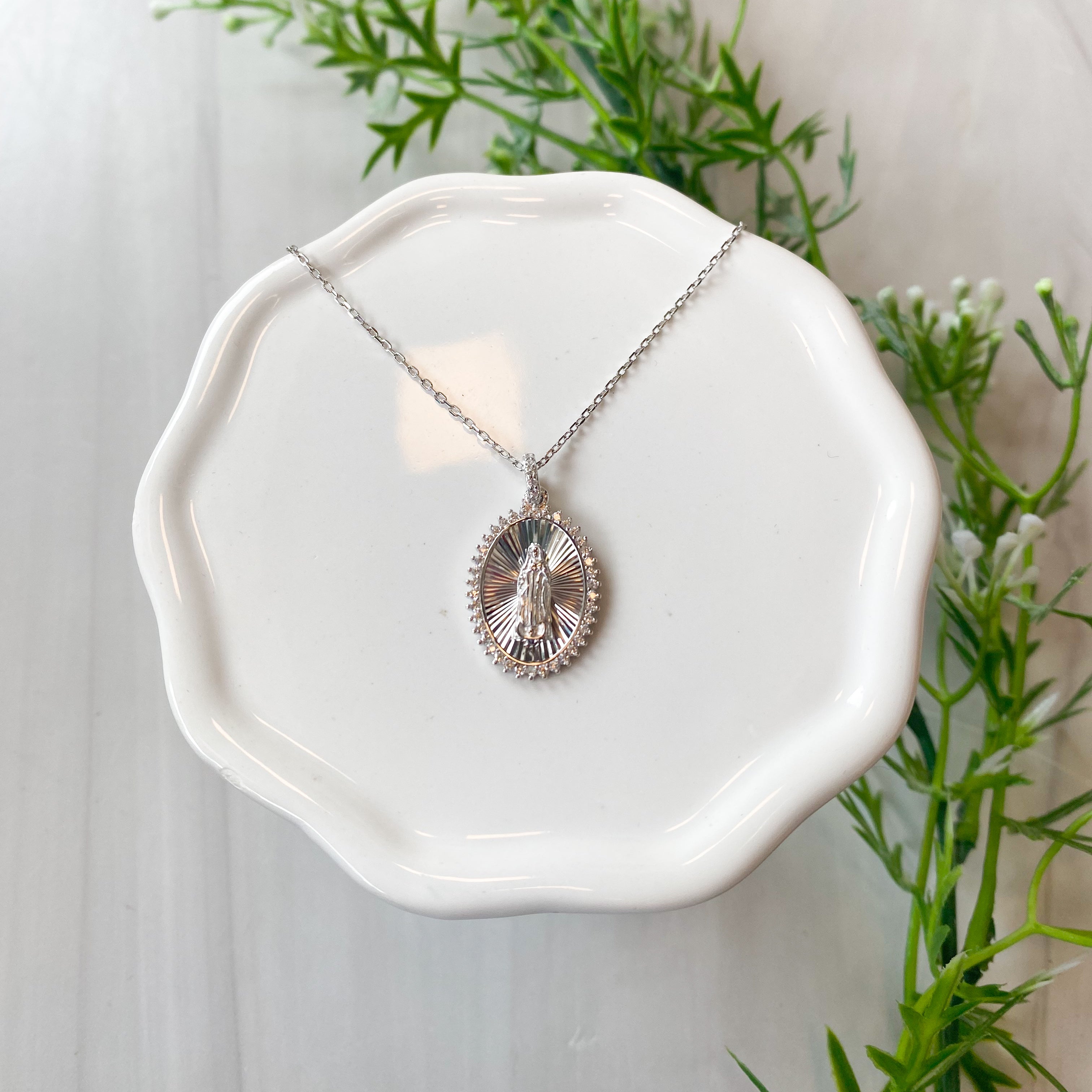 SS Gold Plated Guadalupe Ray Oval Necklace with CZ Border