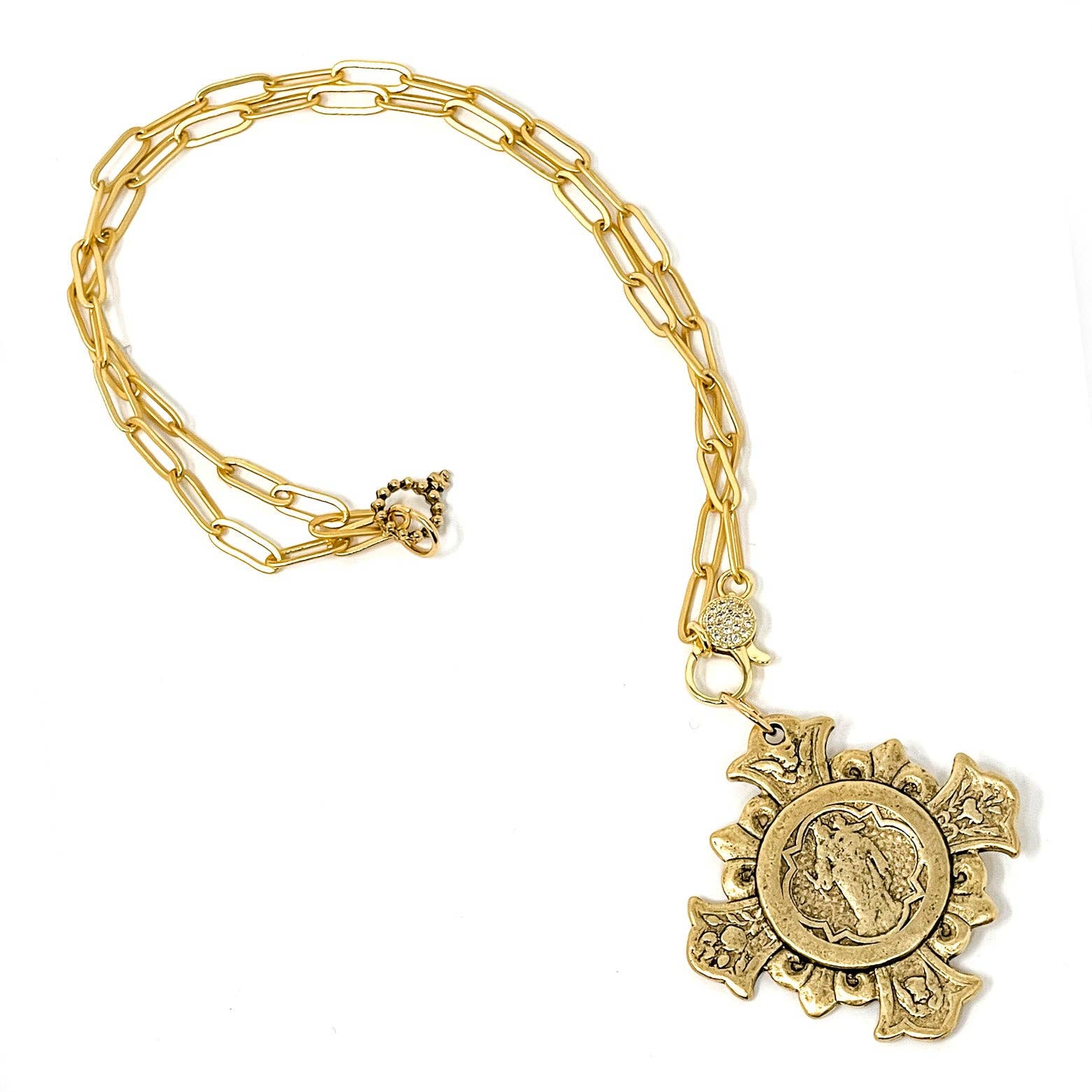 18" Matte Gold Paperclip Necklace with Large Gold Sacred Heart Cross