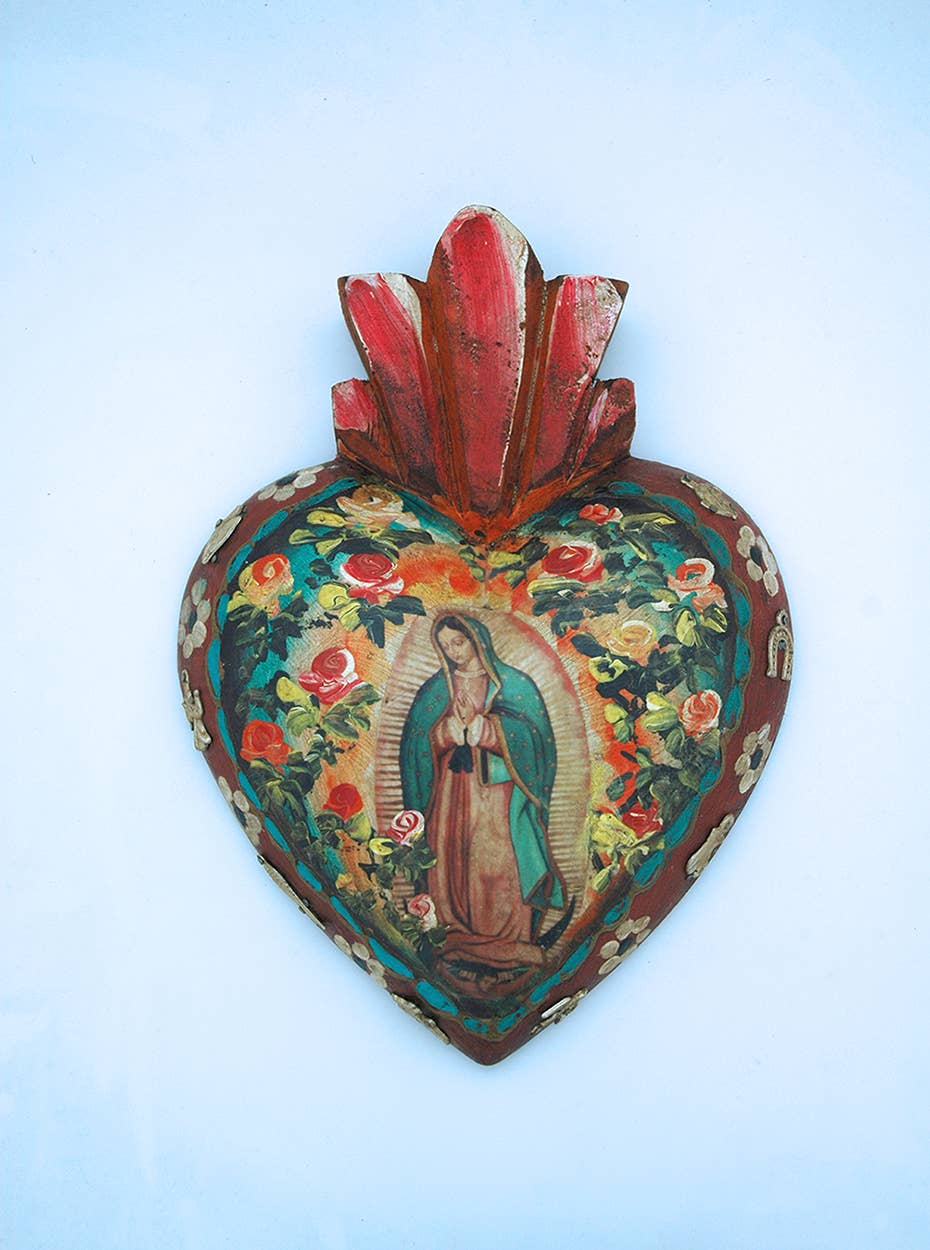 MXH4GD - Mexican Guadalupe Painted Wood Heart Wall Art