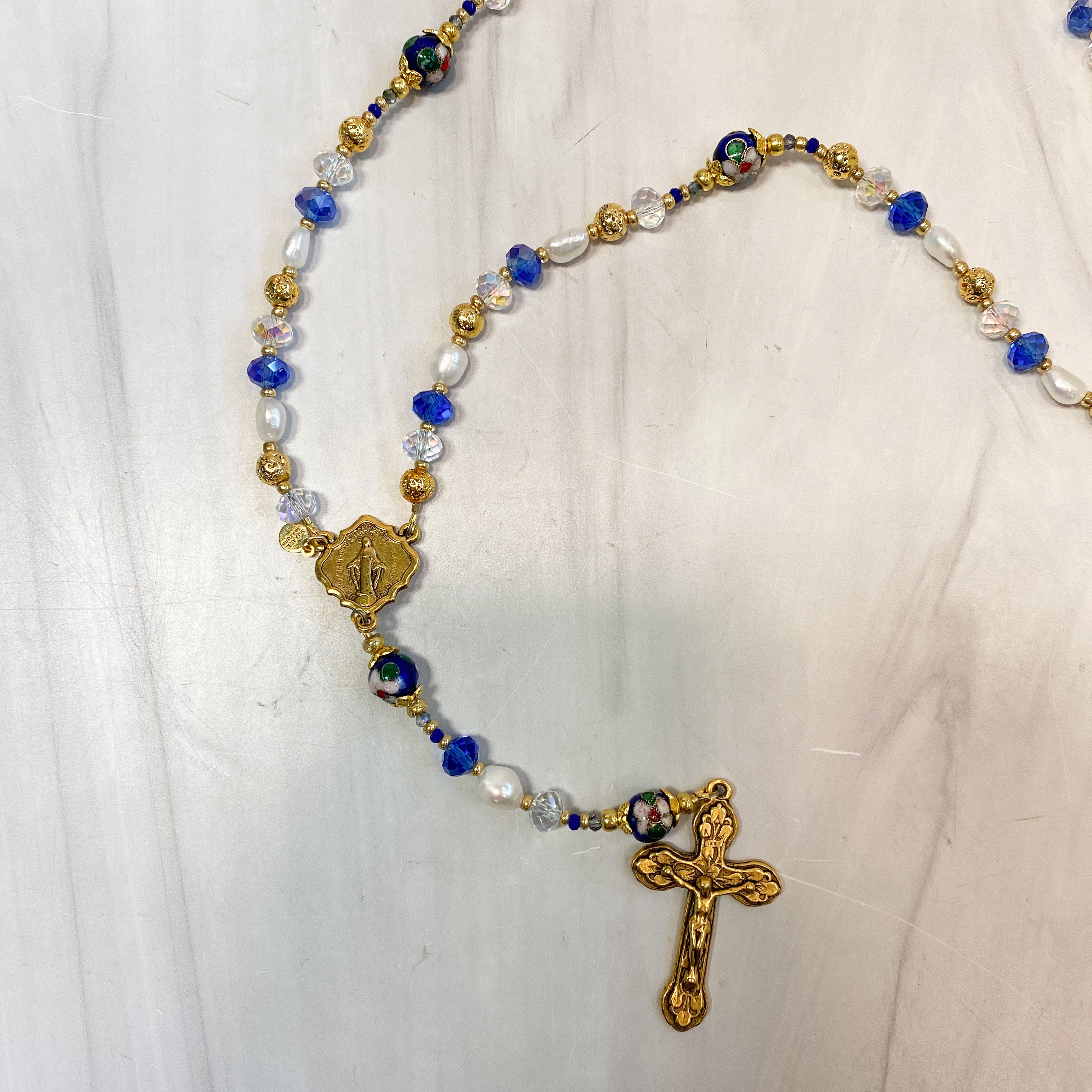 Lovely Lady Dressed in Blue Pearl Asian Cloisonne Rosary