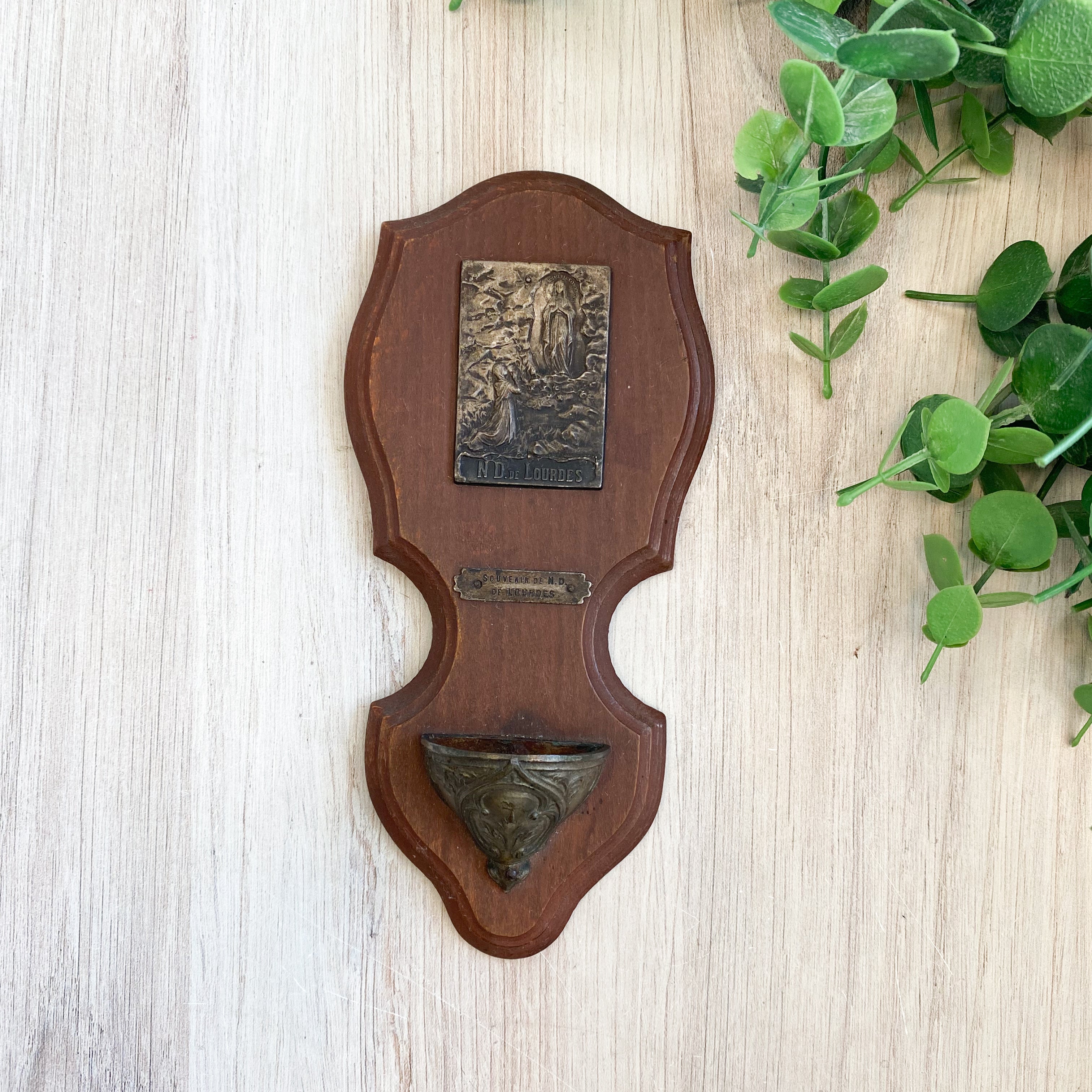 Antique French Wooden Our Lady of Lourdes Holy Water Font