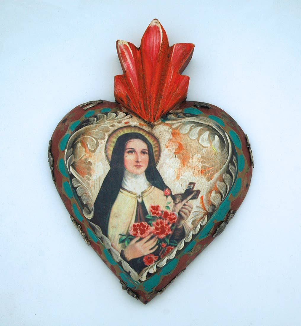 MXH4T - Mexican Painted Wood Heart Sculpture