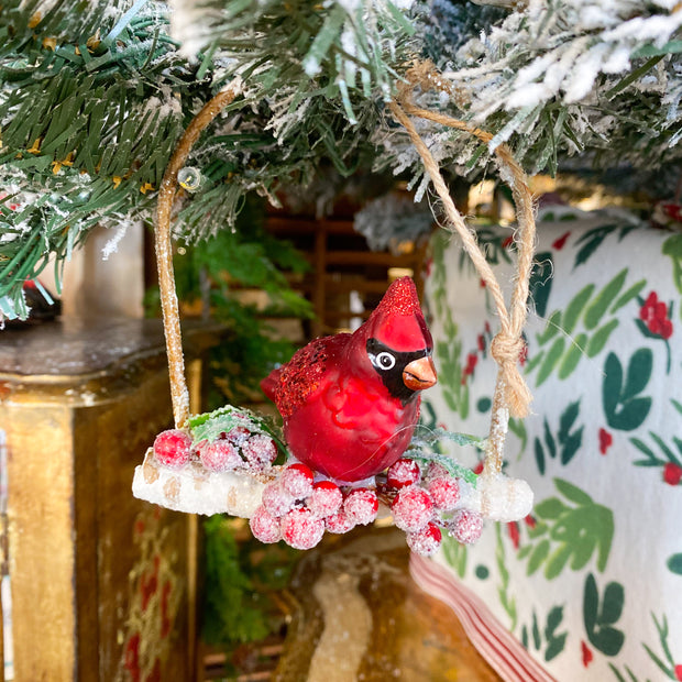 Glass Birch Berries Cardinal On Branch Ornaments