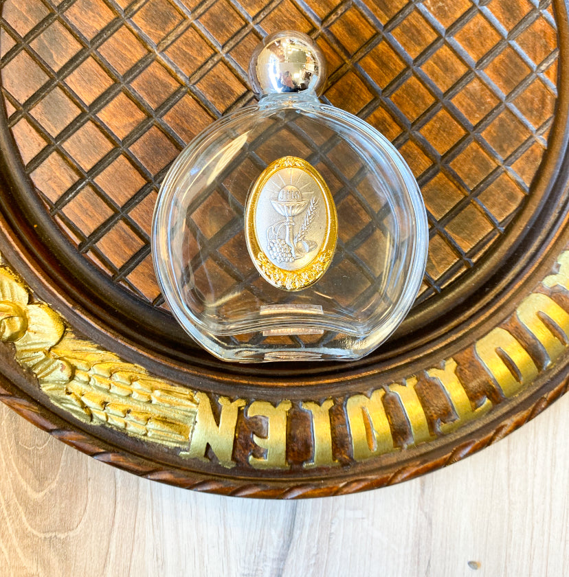 Glass Holy Water Bottle with Holy Eucharist Medal