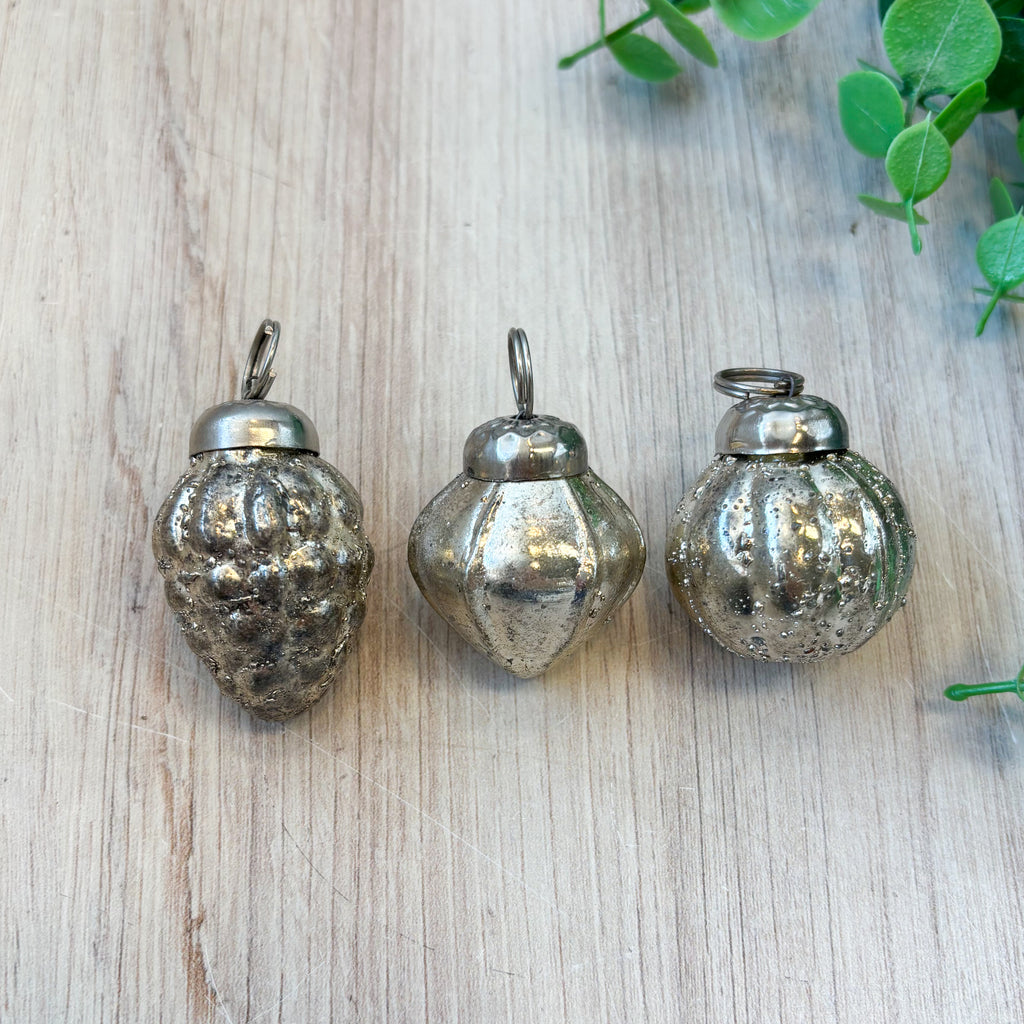 S/36 1"H Embossed Glass Ornaments in Muslin Bag