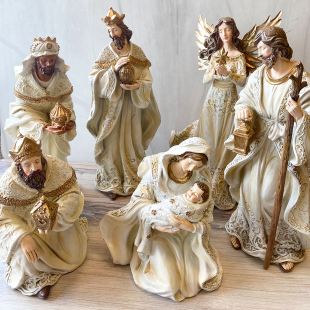 12"H 6PC ST NATIVITY; CREAM GOWN W/GOLD ROPE TRIM
