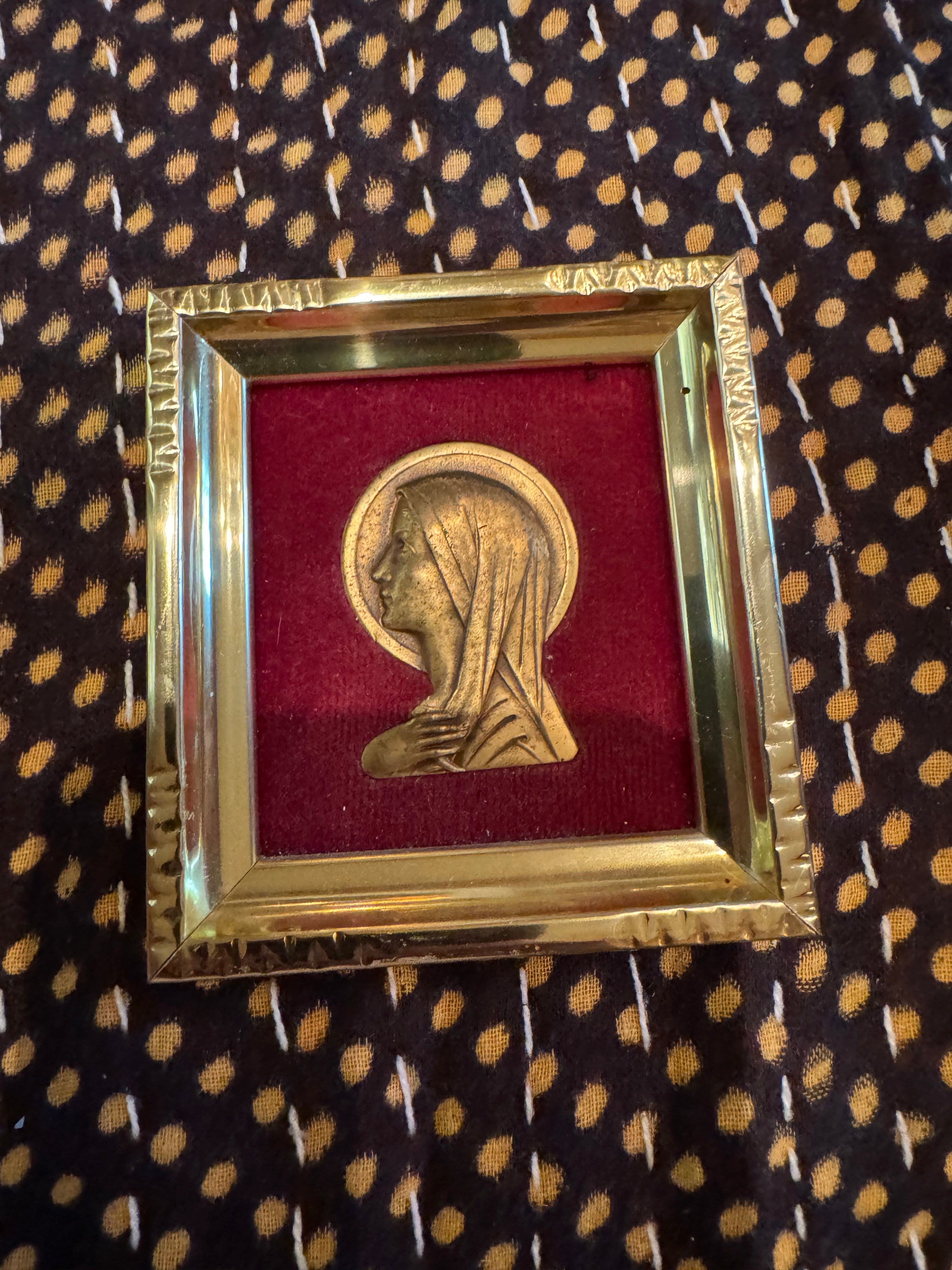 Antique French Gold Madonna piece on velvet in Gold Frame