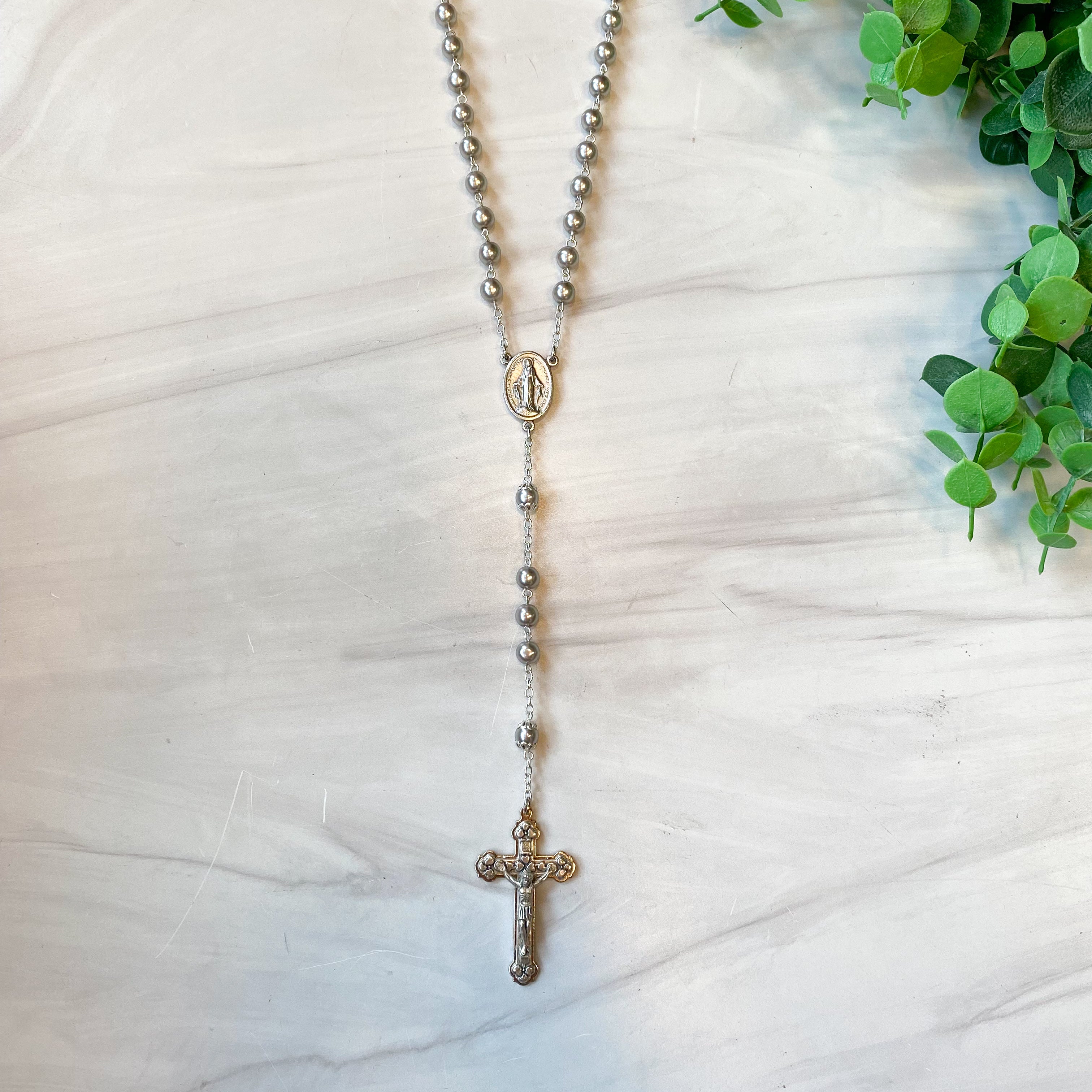 Light Grey Imitation Pearl Glass Bead Rosary