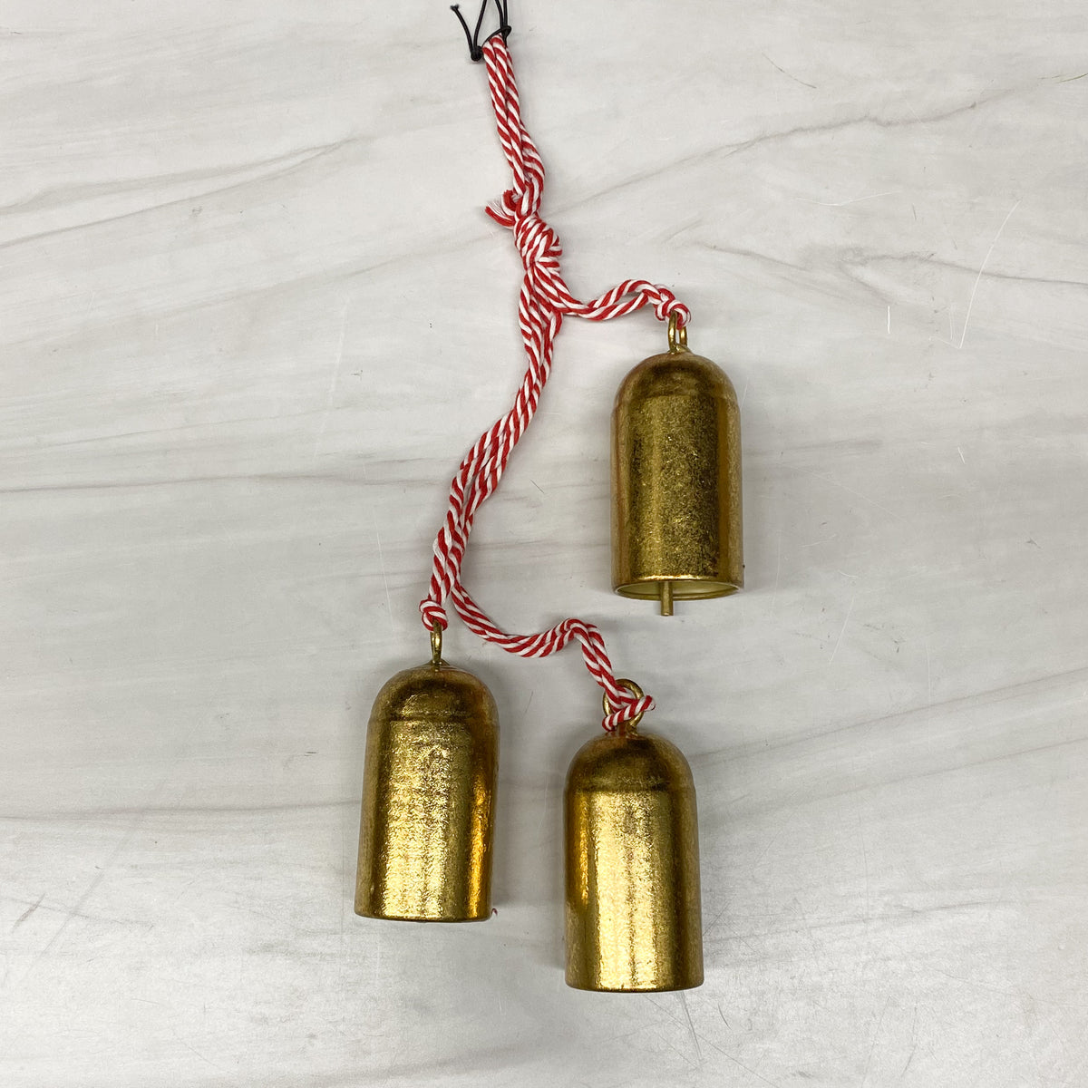 Hanging Metal Bells w Red & White Cord Hanger, Gold Finish