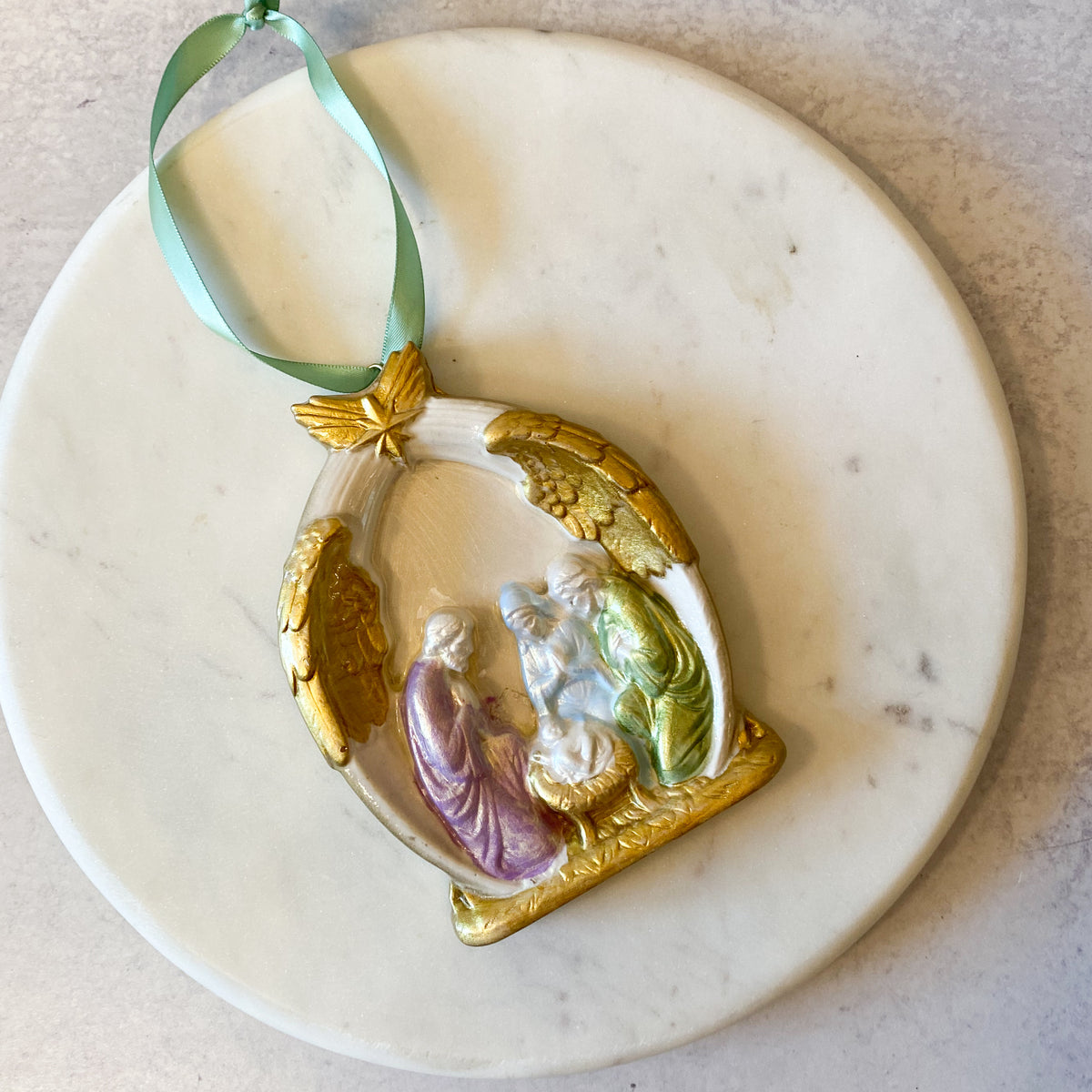 Holy Family Nativity/Angel Wings Painted & Gold Leaf Ornament