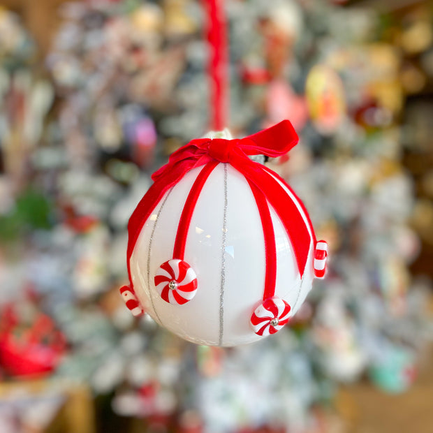4.75" Candy Glass Ball Ornament White Red