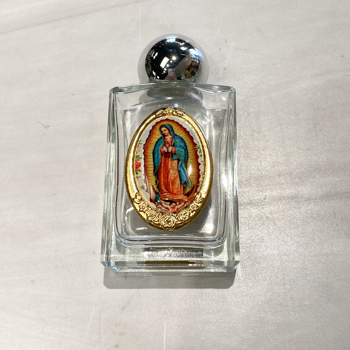 Our Lady of Guadalupe Glass Holy Water Bottle 1.75x2.25"