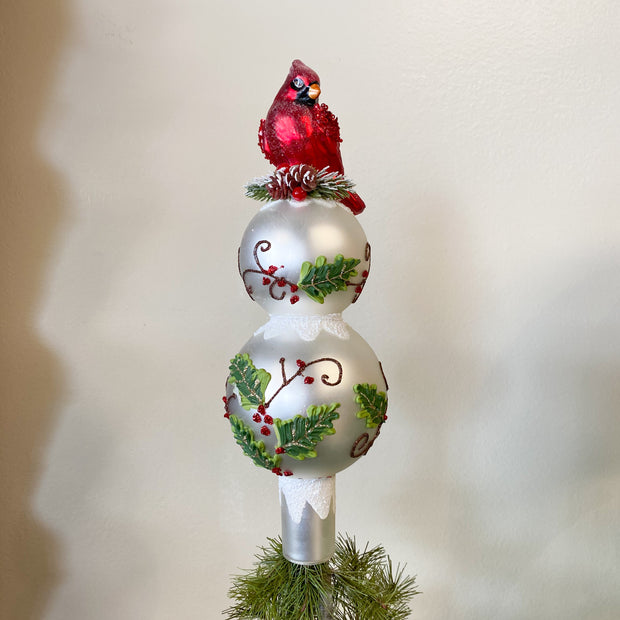12" Un-Lit Glass Holly Leaves and Cardinal Finial Treetop