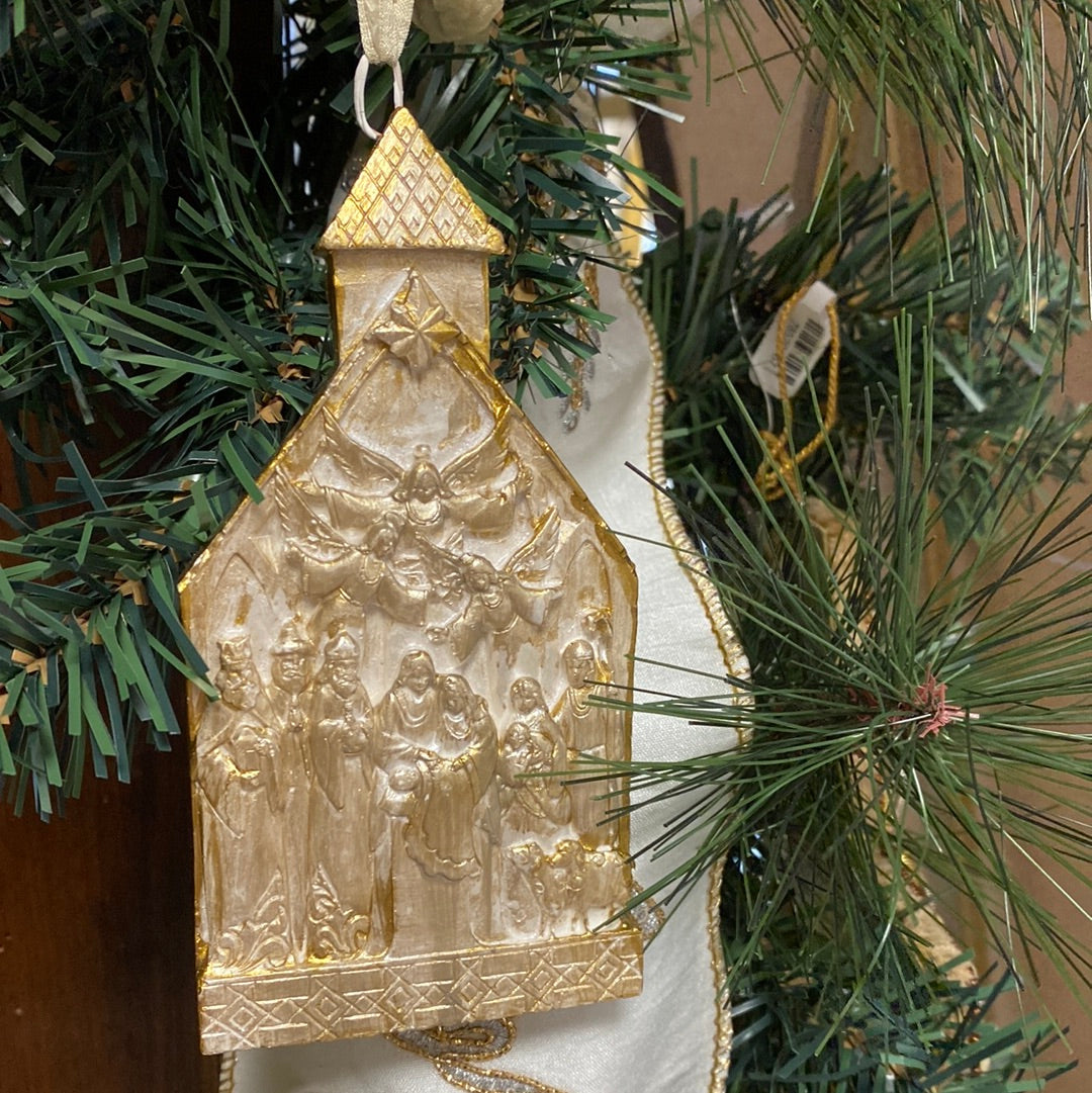 Gold Leaf Nativity Ornament - 2 Styles - Church, Stable