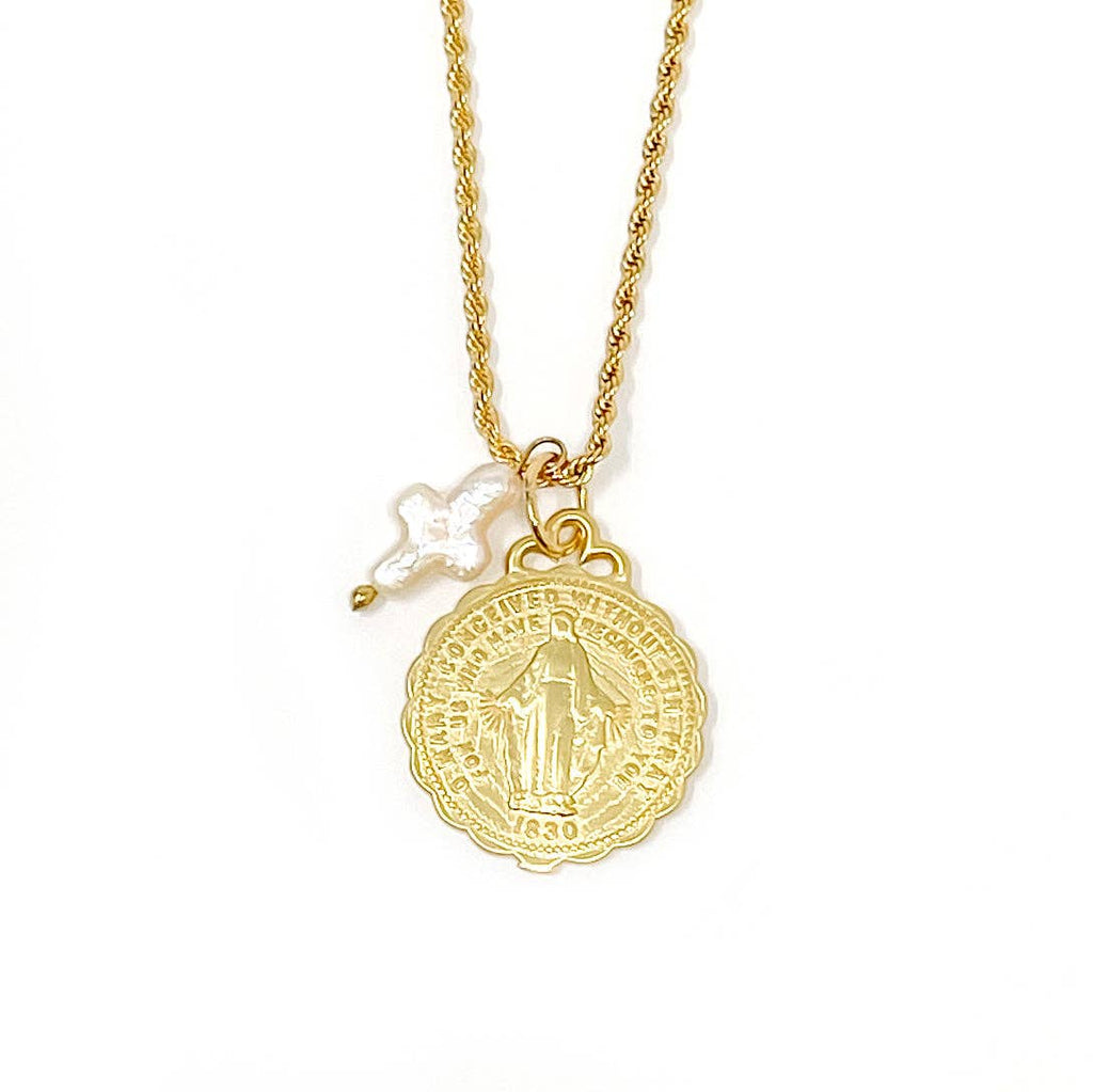 Gold Rope Chain with Gold Ruffle Blessed Mother & Pearl Cross