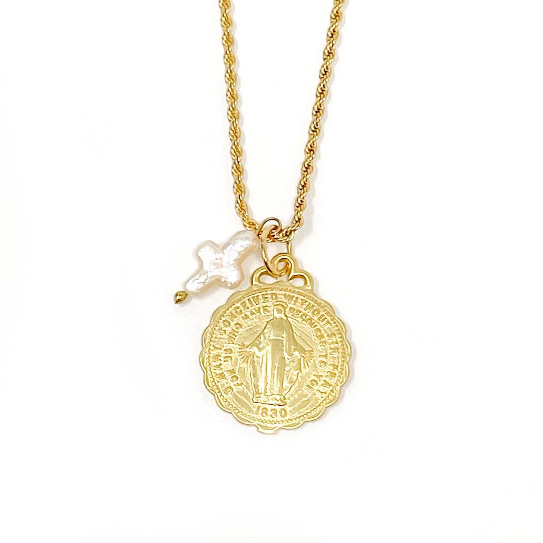 Gold Rope Chain with Gold Ruffle Blessed Mother & Pearl Cross