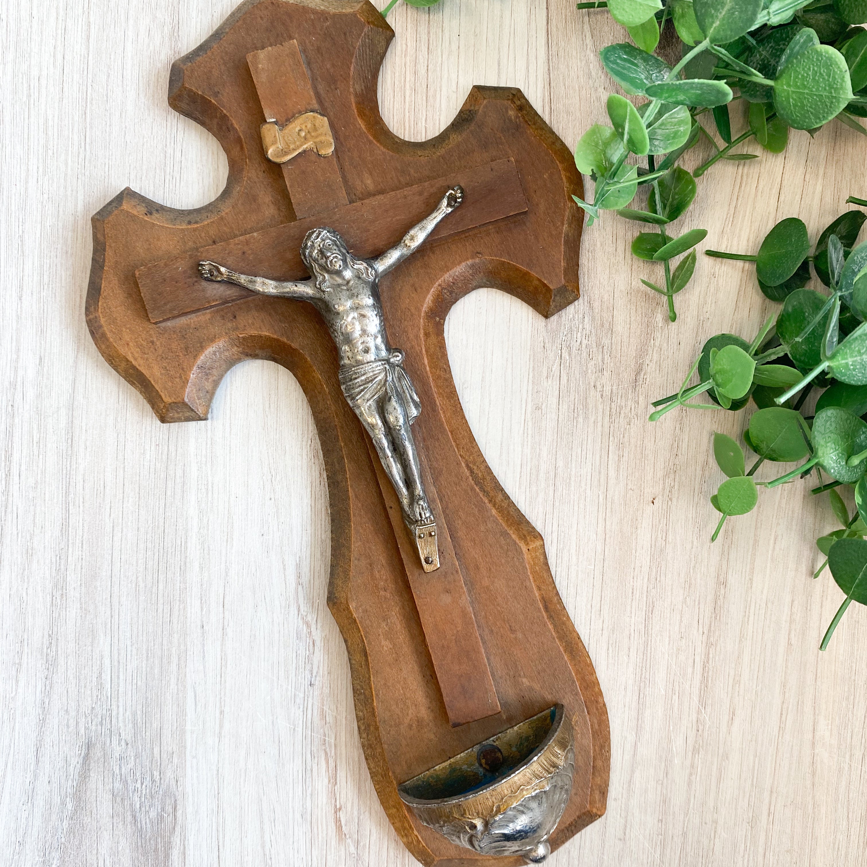 Antique French Wooden Cross Holy Water Font
