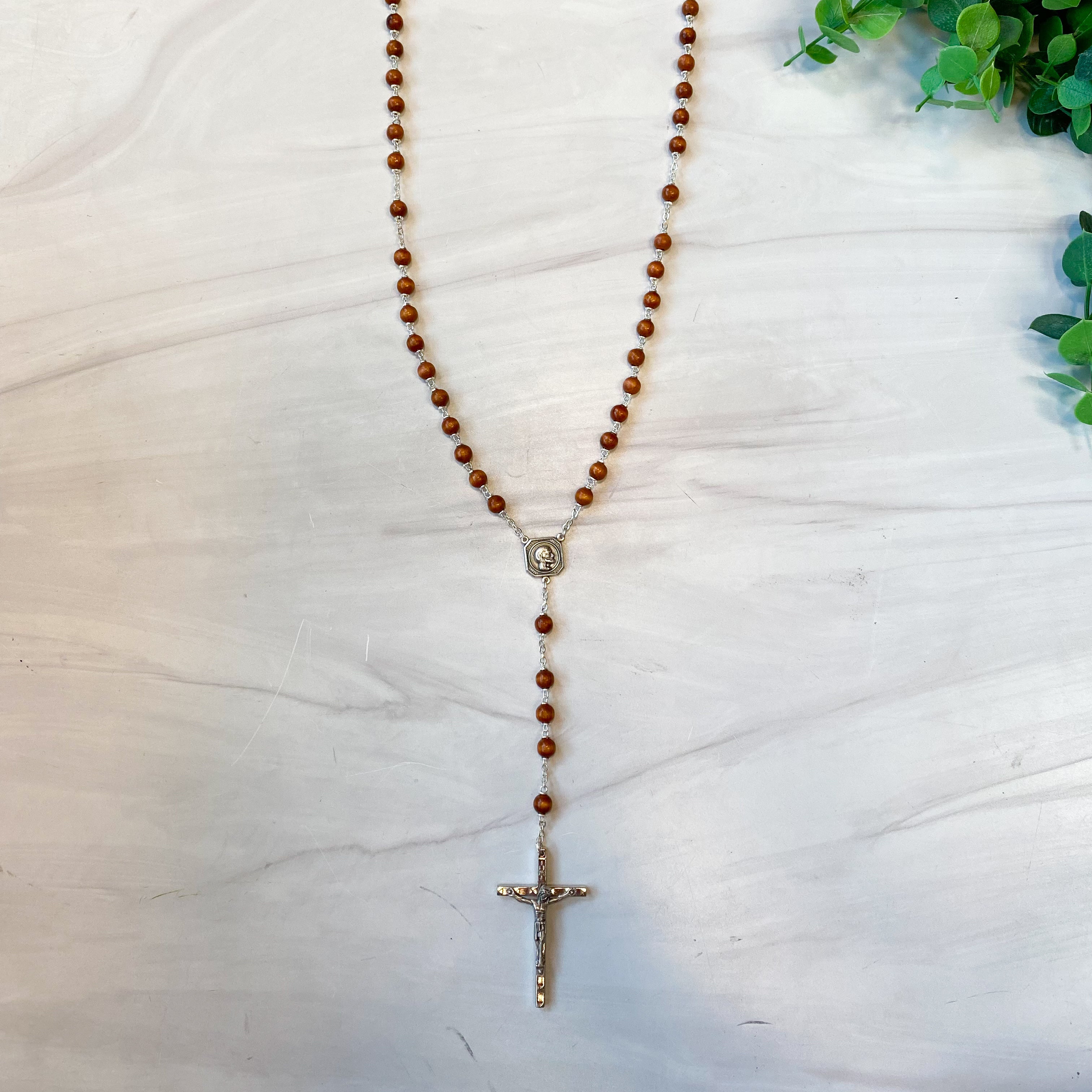 Brown Boxwood Bead Rosary, Boxed