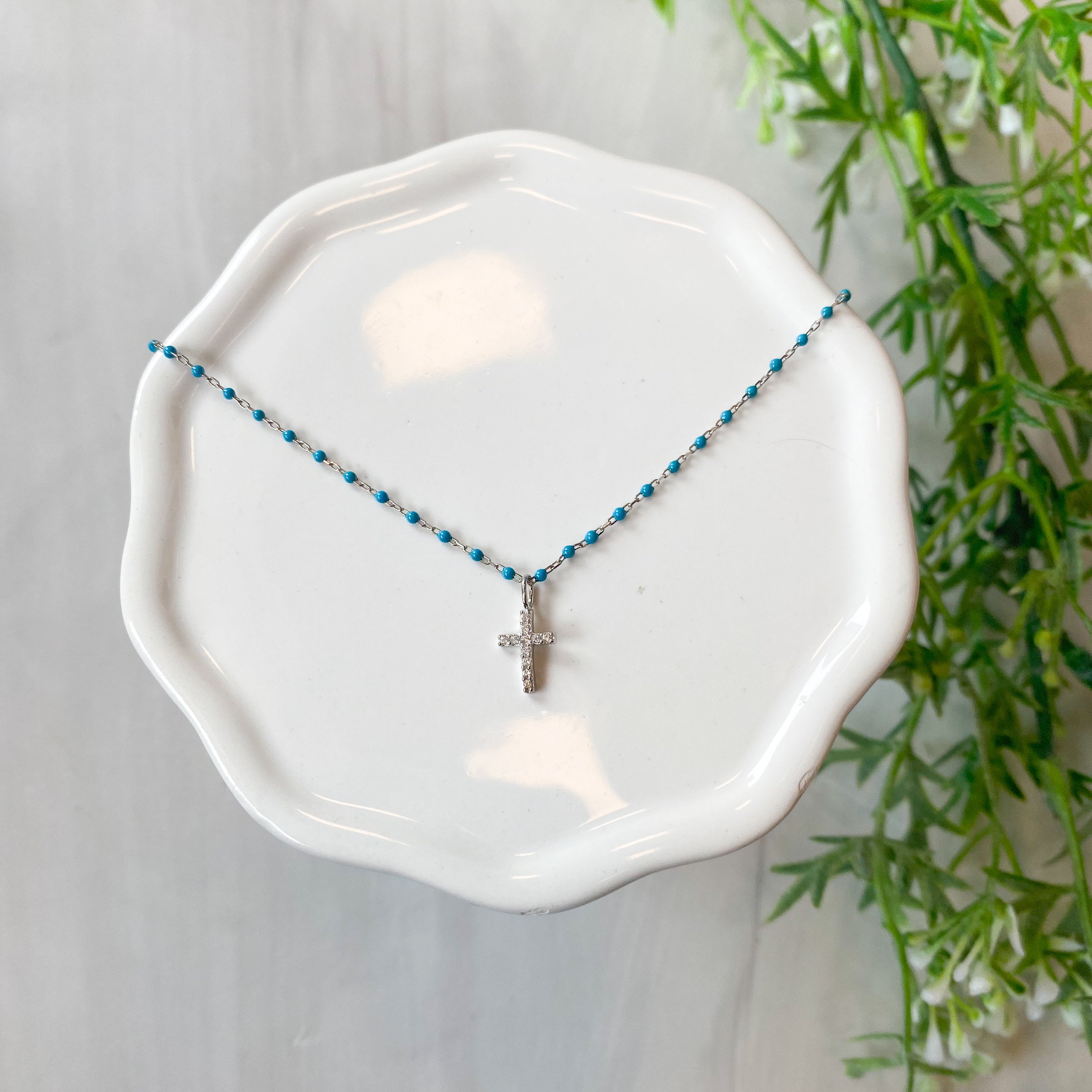SS Plated Turquoise Color Beaded Necklace with CZ Cross