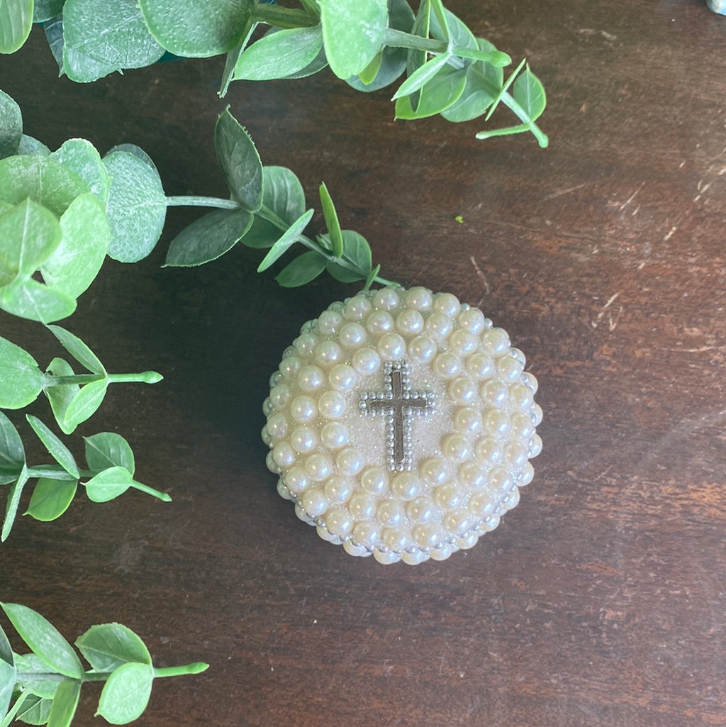 White Beaded Cross Keepsake Box