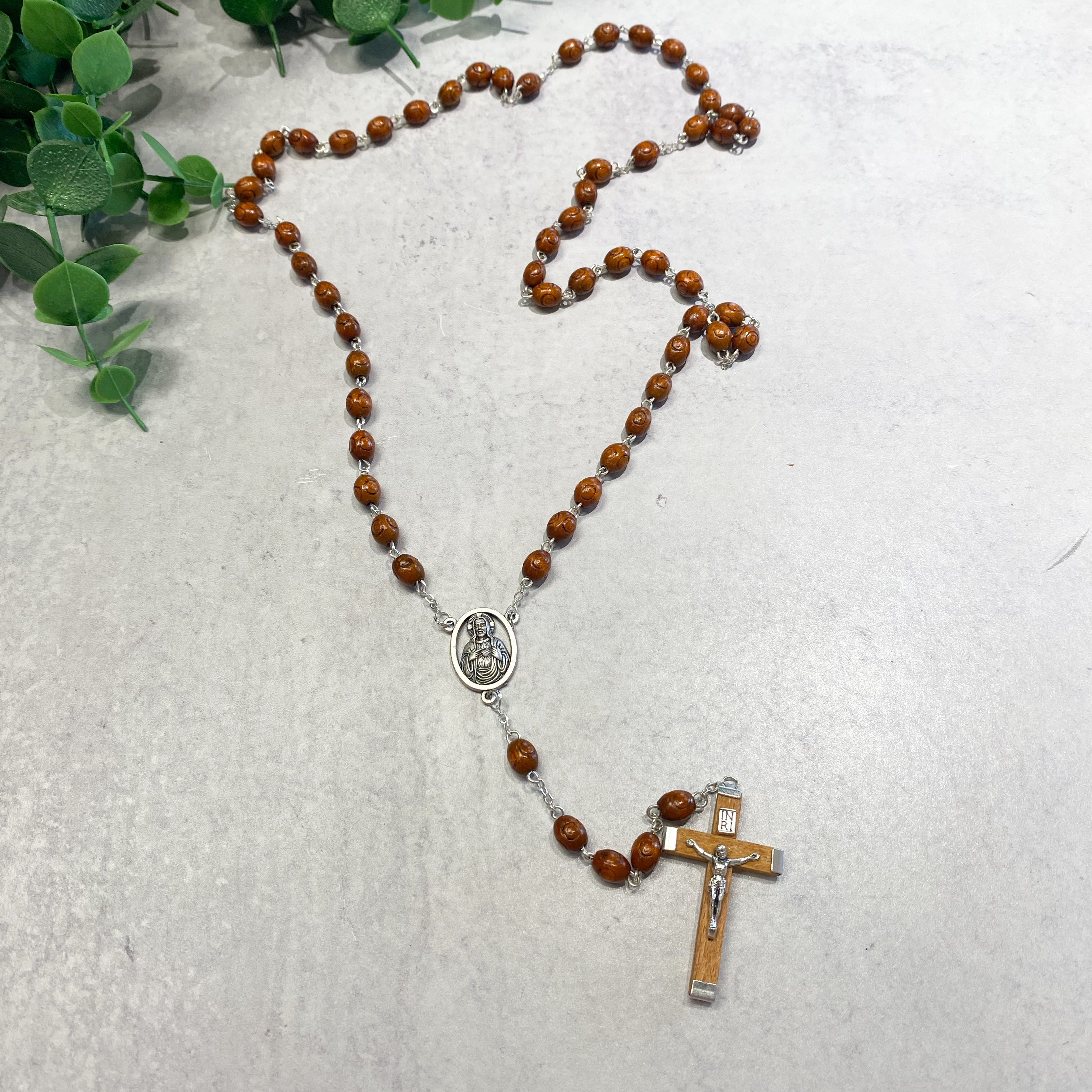 Brown Wood Carved Bead Rosary, Boxed
