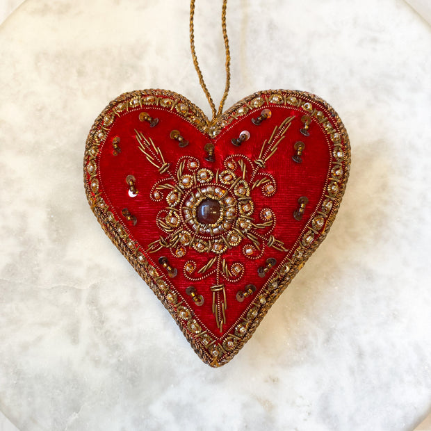 Embroidered red velvet hanging heart