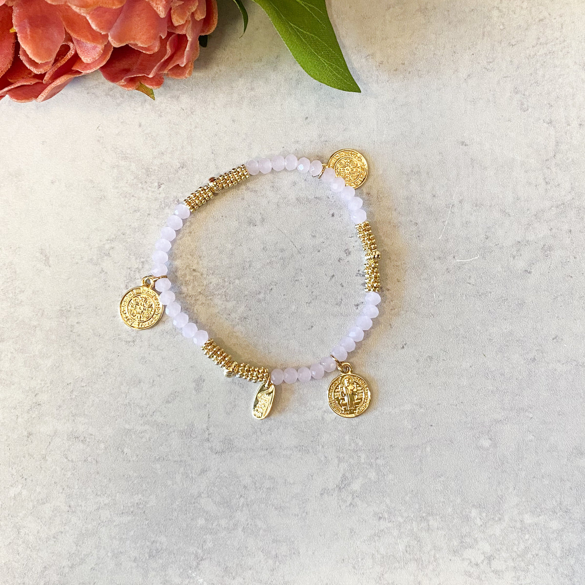 7"L Saint Benedict Bracelet Gold; Stretch; 5 Colors