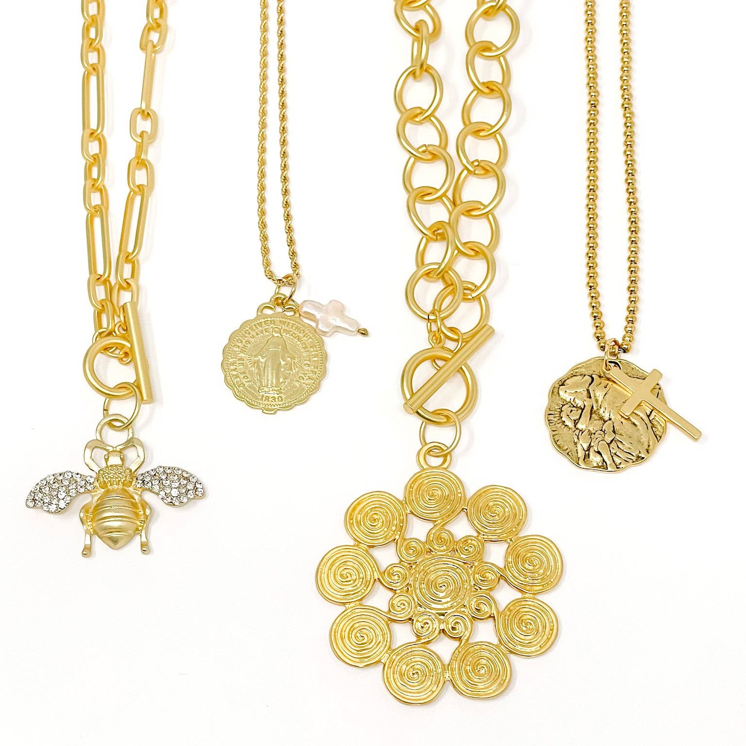 Gold Rope Chain with Gold Ruffle Blessed Mother & Pearl Cross