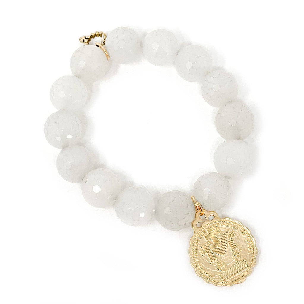 Faceted White Jade with Gold Ruffle Blessed Mother