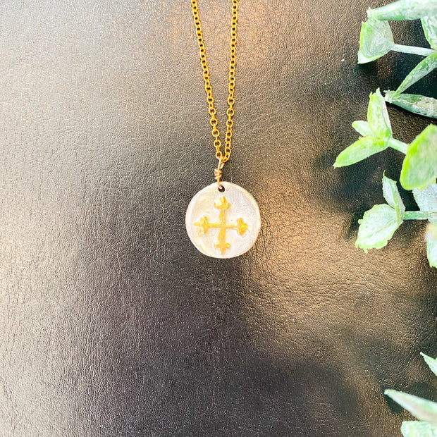 A-1354 Handcrafted fine silver 4 way cross accented with 22K on gold filled chain