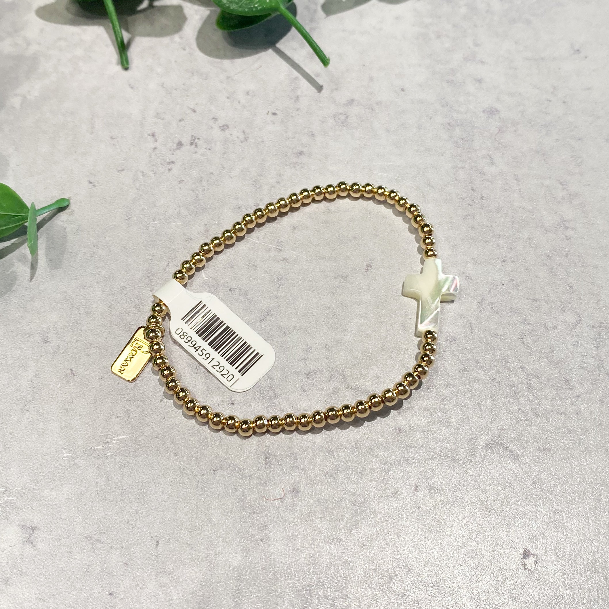 6.5"L  Shell Cross and Gold Beads Stretch Bracelet