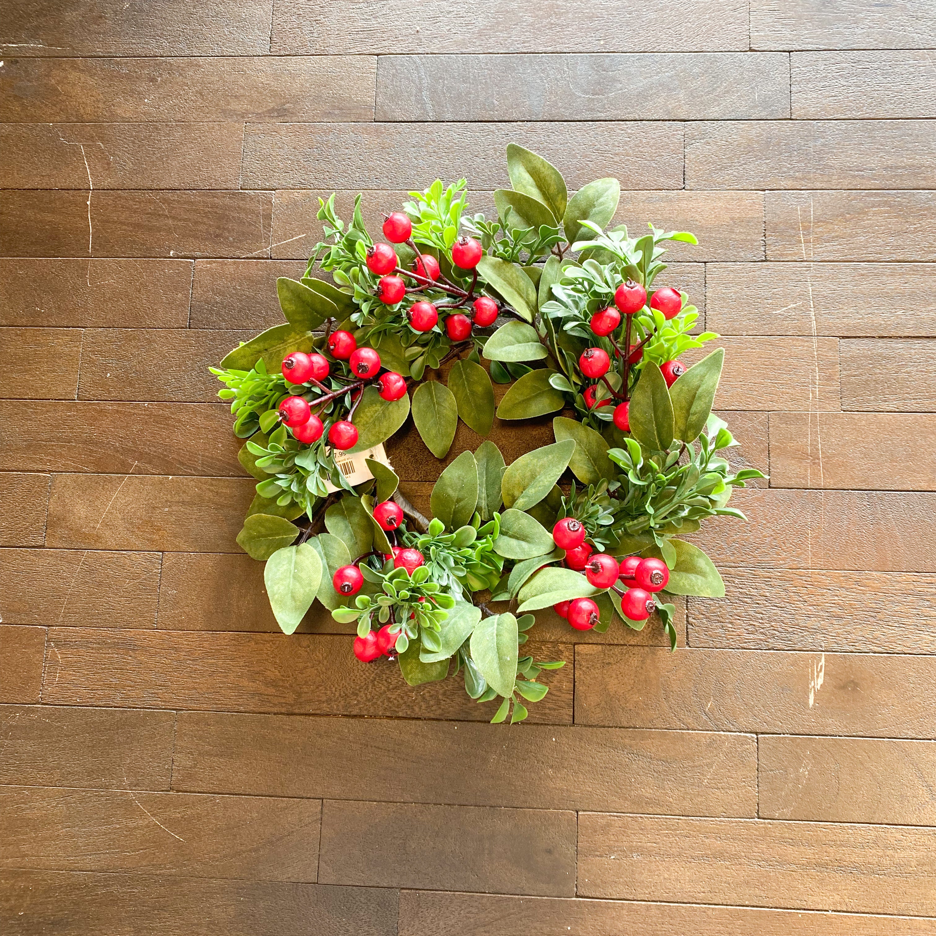 Mixed Boxwood and Red Berry Candle Ring