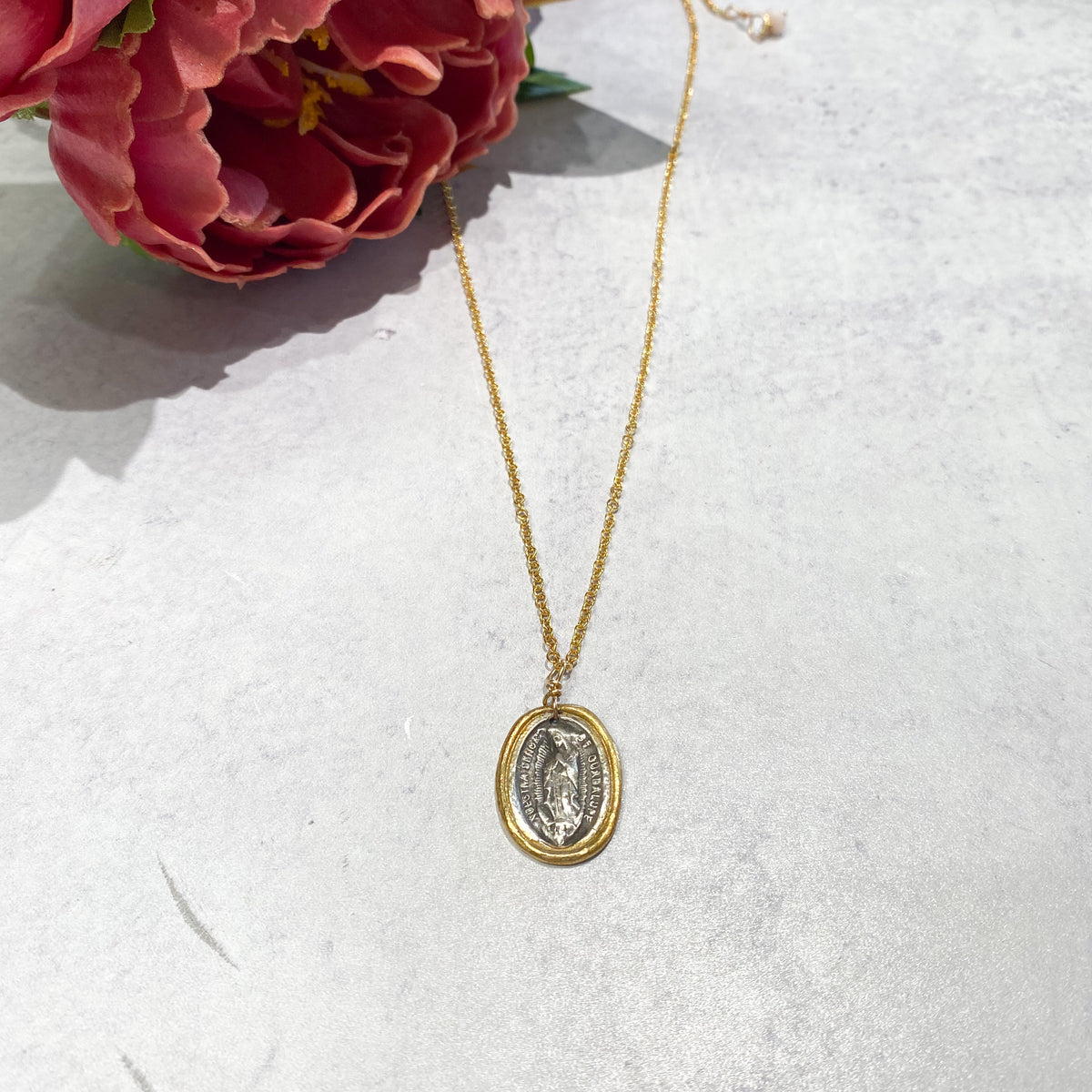 Handcrafted Fine Silver Small Oval OLO Guadalupe accented with 22k gold on a gold filled chain