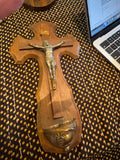 Antique French Wooden Cross Holy Water Font