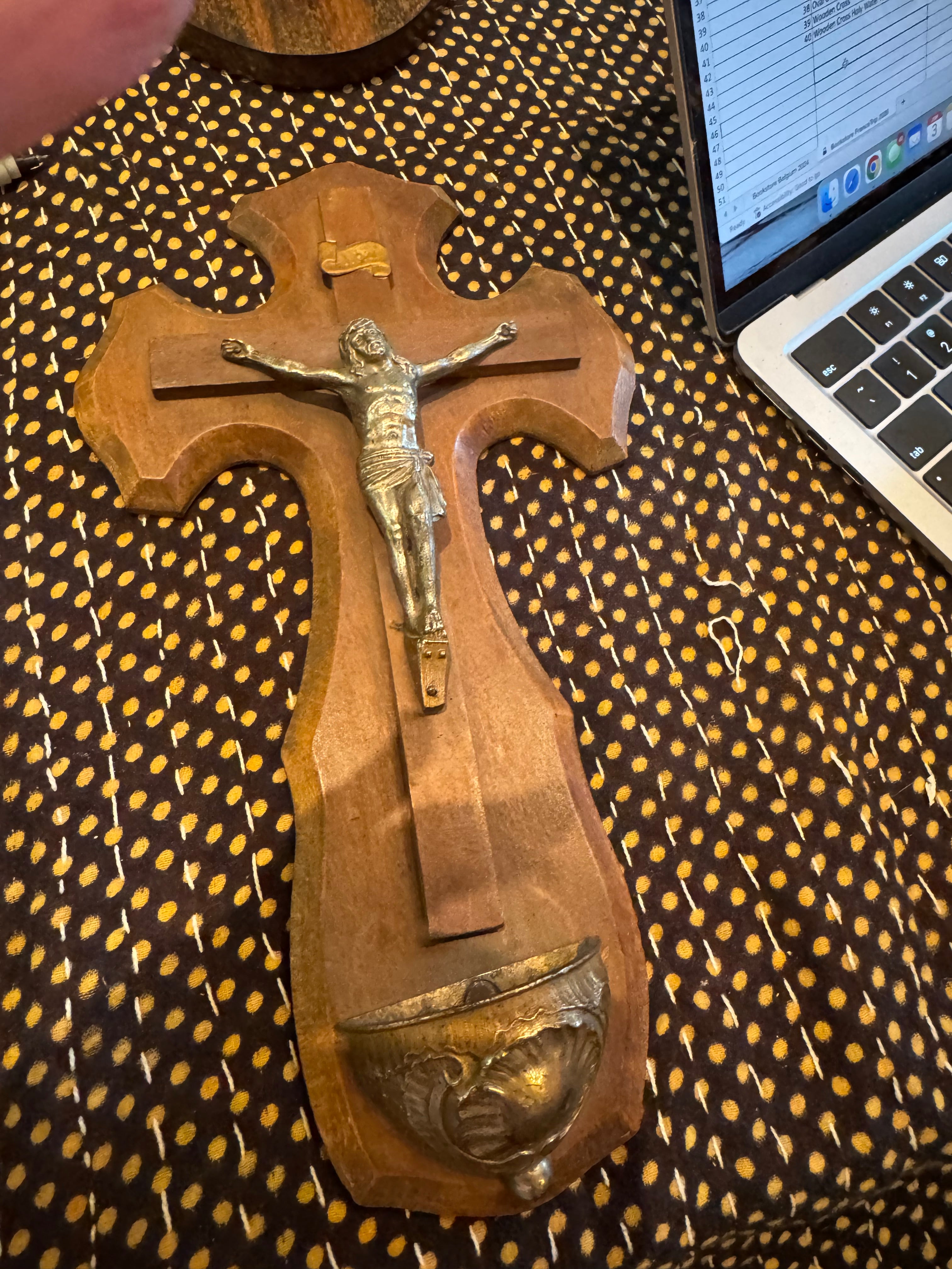 Antique French Wooden Cross Holy Water Font