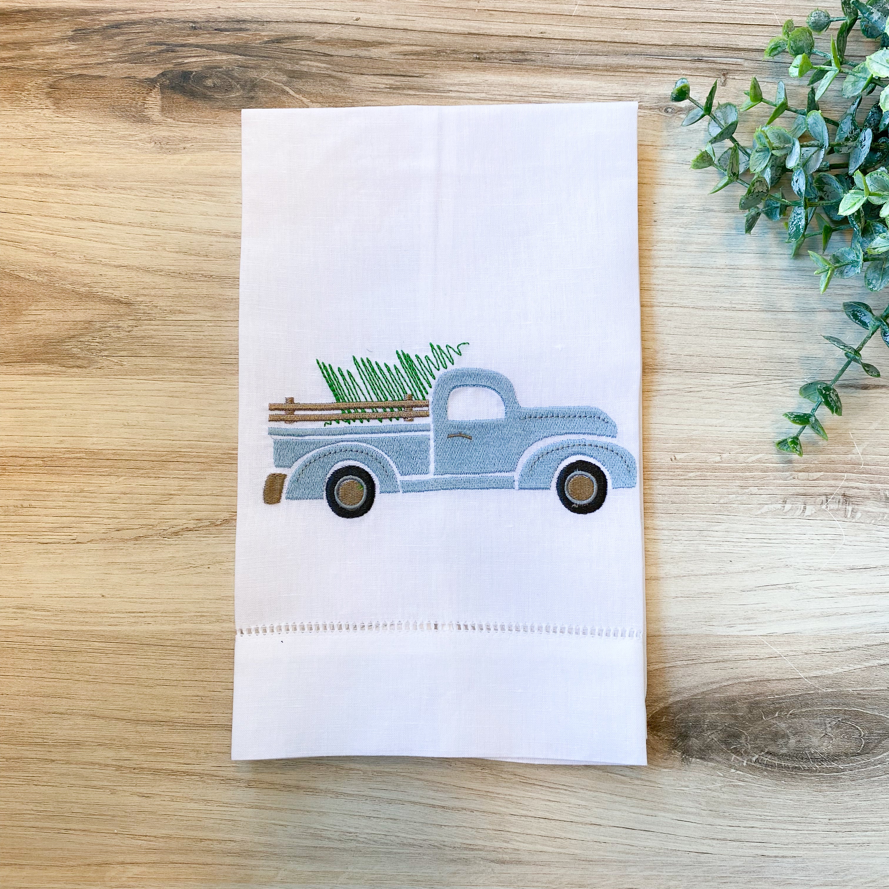 Tea towel with Blue Truck with Christmas Tree